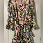 SALONI Silk Floral Ruffle Mini Dress Multicolor Light Pink Lined Slip Size 8 Photo 4