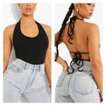 Boohoo  Ribbed Halter Back Detail Crop Top in Black Photo 1