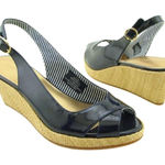 Tommy Hilfiger Navy Blue Patent Peep Toe Slingback Wedge Espadrille size 8.5 Photo 0