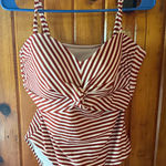 Kona Sol ‎ one piece striped swimsuit orangish brown white size Large Photo 0