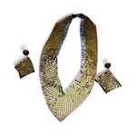 Vintage Two Tone Mesh Metal Bib Necklace & Pierced Earrings set 3pc Gold Photo 0