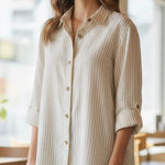 Chico's  sz 2 Large Linen Top Shirt White Beige Pinstripe Stripe Coastal Grandma Photo 0