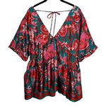 Entro Retro Y2K  Top Satin Deep V Neck Short Sleeve Red Pink Black Silky Top Sz L Photo 0