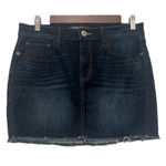 EXPRESS Women’s Denim Mini Skirt Size 4 Dark Wash Frayed Raw Hem 5 Pocket Boho Photo 0