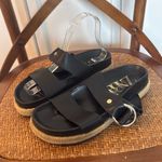ZARA  black leather and gold hardware espadrille slide sandals 37/7 Photo 3