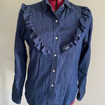 Lee  Chambray button down ruffle front dark wash 1980s western Photo 0