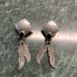 Native American Sterling Silver Onyx Double Feather Fan Dangle Earrings VTG Photo 0