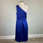 Alex Evenings  Satin One Shoulder Midi Sheath Cocktail Party Dress Blue Size 14 Photo 5