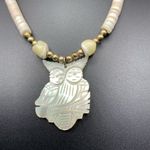 Vintage carved shell owl w/ Heishe shell necklace, matching screw back earrings White Photo 3