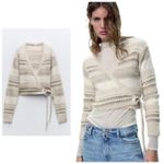 ZARA Beige Knit Wrap Cropped Sweater Top Size Small 6771/005 Bohemian Chic Photo 1