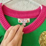 Poof! Poof New York Merry Christmas Flamingo Beach Green Pink Knit Sequin Sweater M Photo 2