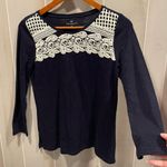 Talbots Cute navy cotton lace crochet overlay boho top  long sleeve lattice Photo 0