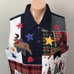 Reversal USA Quilted Christmas Vest Reindeer Plaid Snow Holiday Village Kitsch Blue Size M Photo 1