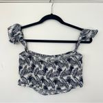 Lulus  Navy Blue & White Tropical Print Smocked Off Shoulder Crop Top Size Medium Photo 6