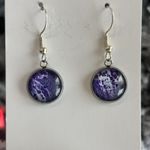 Handmade Poured Paint Round Earrings Purple Swirl Stainless Steel Artisan Photo 3