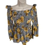 New Glory  Black And White Striped Bell Sleeve Floral Blouse | Size Large Photo 2