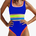 Popvil  Neon Color Block One Piece Bathing Suit for Women Mesh Tummy Control Swimsuit Teens Sport High Cut Scoop Photo 1