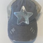 Light Denim Distressed Ponytail Trucker Cap with Sequin Star Photo 0