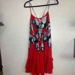Free People  Dress Large Red Floral Print Mini‎ Tiered Ruffle Spaghetti Strap Photo 4