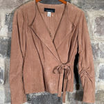 Jones New York  Suede Drape Tie Front Jacket Ruched Sleeve Tan Blazer Medium‎ Photo 0