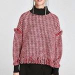 ZARA  Red Fringe Trim Tweed Sweater Photo 0