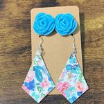 Statement Earring Set Bundle Rose Studs Floral Diamond Dangle Earrings Pink Blue Blue Photo 7