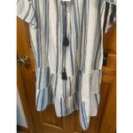 Mlle Gabrielle  Women's 3X Boho Striped Summer Dress - White Blue Gray Tassel Tie Photo 2