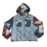 Aztec Denim‎ Jacket Hooded Western Print Raw Hem Oversized Womens 2XL Streetwear Blue Size XXL Photo 3