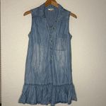 Elan  Denim Ruffled Mini Dress Tencel Sleeveless Pockets Casual Vacation Chambray Photo 2