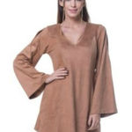 Mink Pink Tan Faux Suede Long Bell Sleeve Open Shoulder Mini Dress Size Medium Photo 0