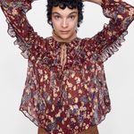 ZARA Red Sheer Ruffled Floral Paisley Peasant Blouse Photo 0