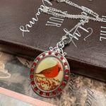 Vintage Cardinal Pendant Necklace Red Rhinestones Silver Tone 18” Photo 1