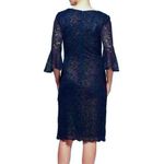 Alex Evenings Navy Blue Gold Lace Illusion V Neck Bell Sleeve Sheath Dress 14 Photo 1