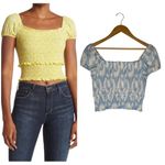 Lush Clothing New Lush Womens Size Medium Cropped Top Smocked Cap Puff Sleeve White Blue Swirl Photo 1