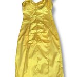 Cache Vintage 90s Dress Yellow Satin Ruched Wiggle Sleeveless Sweetheart Neck Photo 4