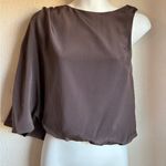 Alice + Olivia  Juniper Chocolate Brown Silk Asymmetrical Draped Sleeve Blouse S 4 Photo 2