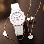 Geneva White and Gold Women's Watch and Necklace Set Photo 0