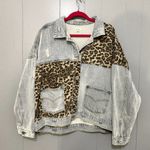 POL Off Duty Blue Light Wash Animal Print Patchwork Distressed Denim Jacket 2XL Photo 1