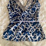 Bebe Stunning Silk and Spandex Sequined blue and Gray Blouse from  Size Small Photo 6