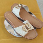 ALDO  Qelajar Slide Sandals Women's Size 6 Off White With Gold Buckle Classic Min Photo 0