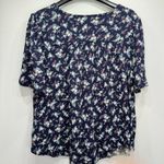 Lucky Brand  Navy Floral V Neck Pleated Button Front Top Size Medium Photo 3