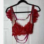 Red Pink Sheer Lace Embroidered Floral Bra Ruffle Adjustable Straps Size XL Photo 9