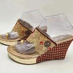 Gold Heels Platform Block High Red Bridal Embroidered Embellished Sandals Size 7 Photo 0