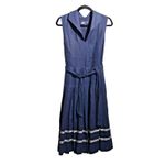 Jones New York Navy Blue Linen Dress Pleated Skirt Stripes Womens 10 Nautical * Photo 0