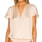 Paige Dijon Ecru Cream Satin Short Sleeve Draped Nude Deep V Neck Bodysuit Photo 0