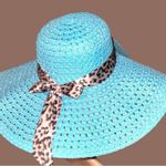 Aqua colored wide brim sun hat with animal print band! Blue Photo 5