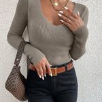 SheIn Rib Knit V-Neck Sweater, Mocha Brown, Size S, EUC Photo 2