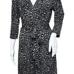 Leota Faux Wrap Midi Dress Womens M Black White Leopard Print Belted Career Photo 0