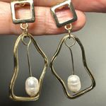 Modernist Abstract Gold tone Earrings with Real Pearl Drops Photo 3