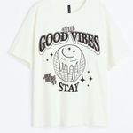 H&M good vibes tee graphic t-shirt crewneck short sleeve mirrorball smiley face Photo 9